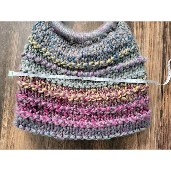 Handknit Purple Blue 13x10 Lined Wood Circle Handle Purse Boho Cottagecore - Picture 9 of 9